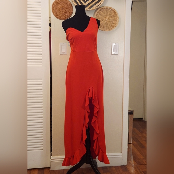 One Shoulder Red Cascading Maxi Dress With Ruffles - Picture 7 of 11